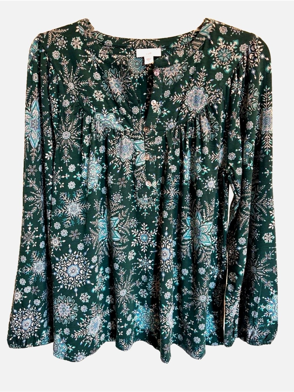 J.Jill Snowflake Print Tunic Top S Green Cotton Tencel Modal Long Sleeve Winter